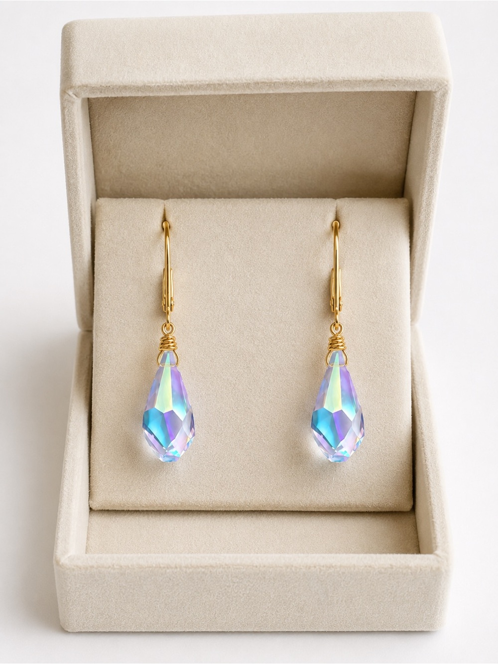 Handmade Swarovski AB Polygon Drop Earrings Gold Tone Leverbacks - Picture 2 of 5